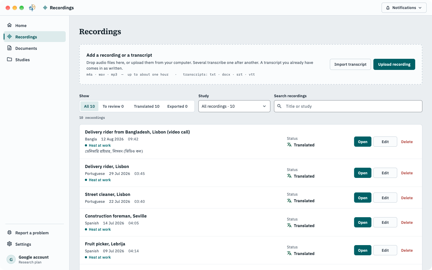 The recordings library: interviews in Bangla, Portuguese and Spanish, each marked Translated