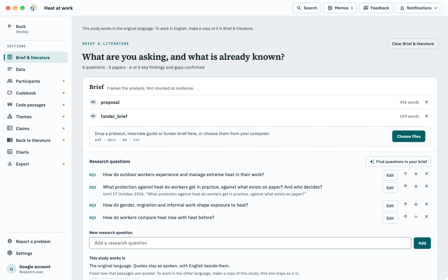 Brief & literature: two brief documents and four research questions found in them