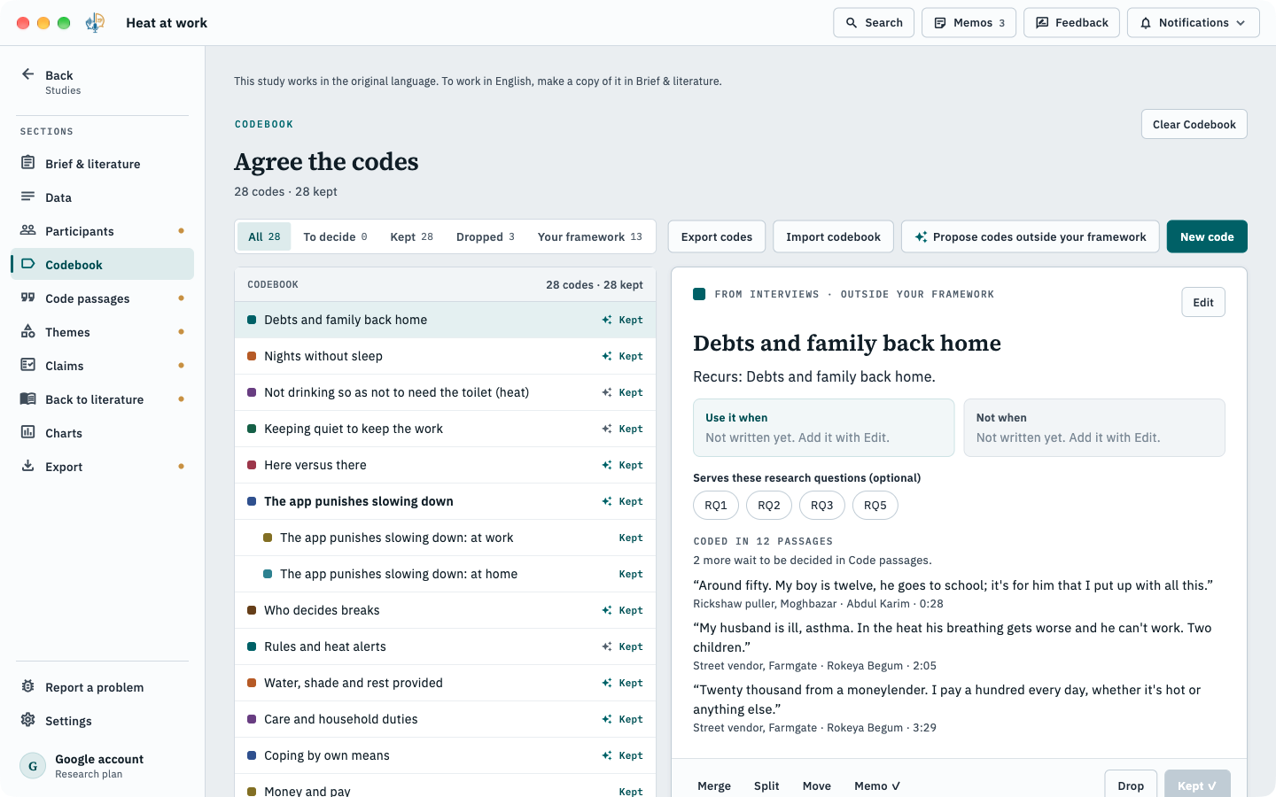 The Codebook: a list of kept codes beside one code with the passages it was coded in