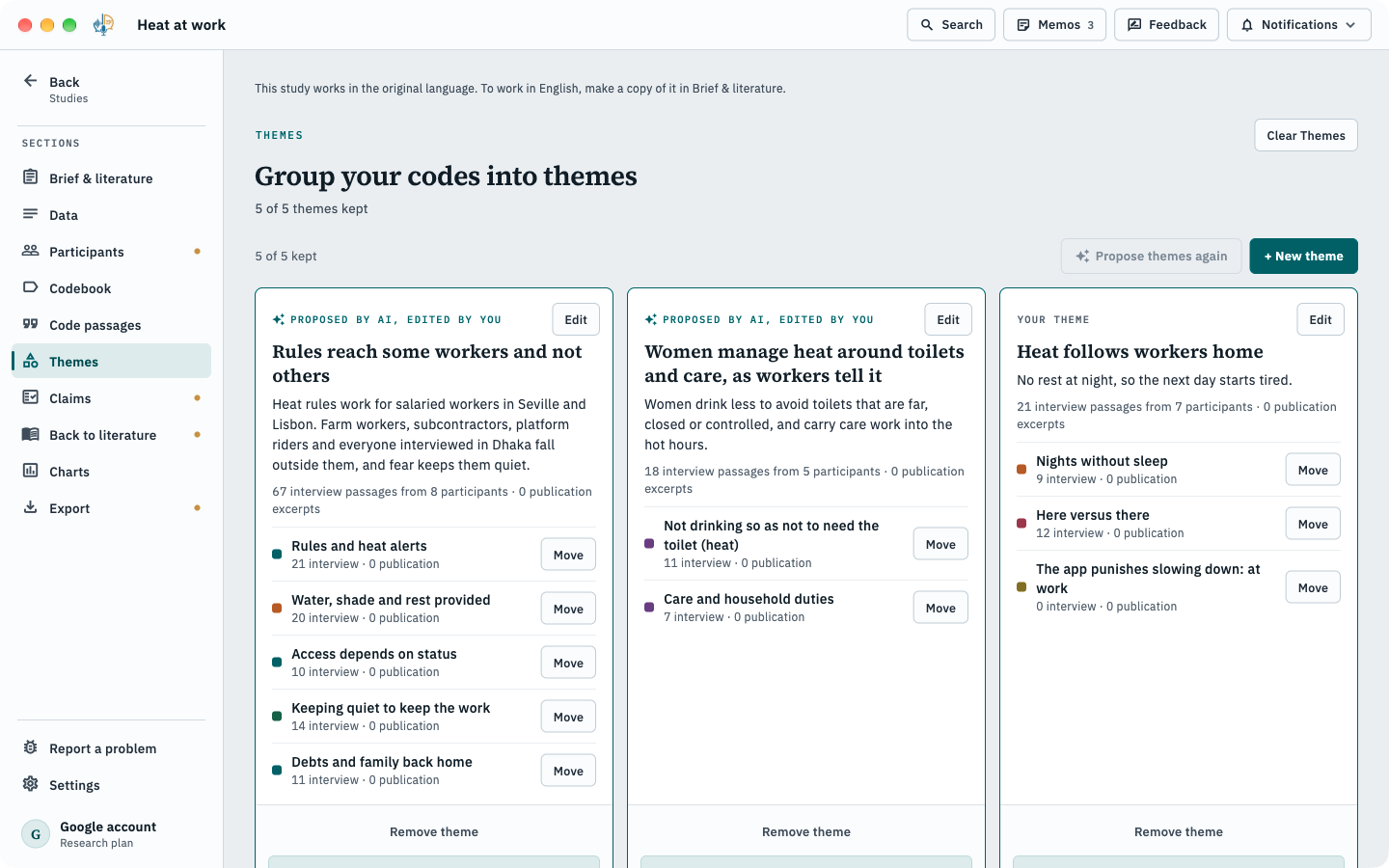The Themes section: three themes, each grouping codes with their passage counts, two proposed by AI and edited by the researcher