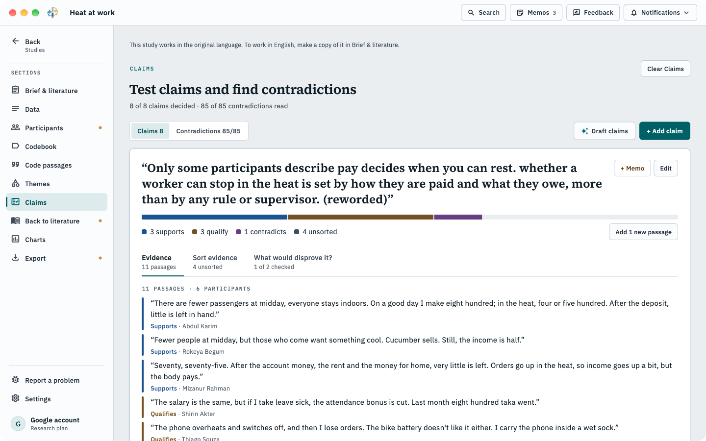 Claims: a claim with its evidence split into supports, qualifies and contradicts, and the passages under it