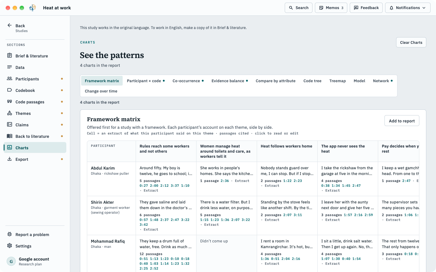 Framework matrix: each participant\u2019s account on each theme, with passage timestamps