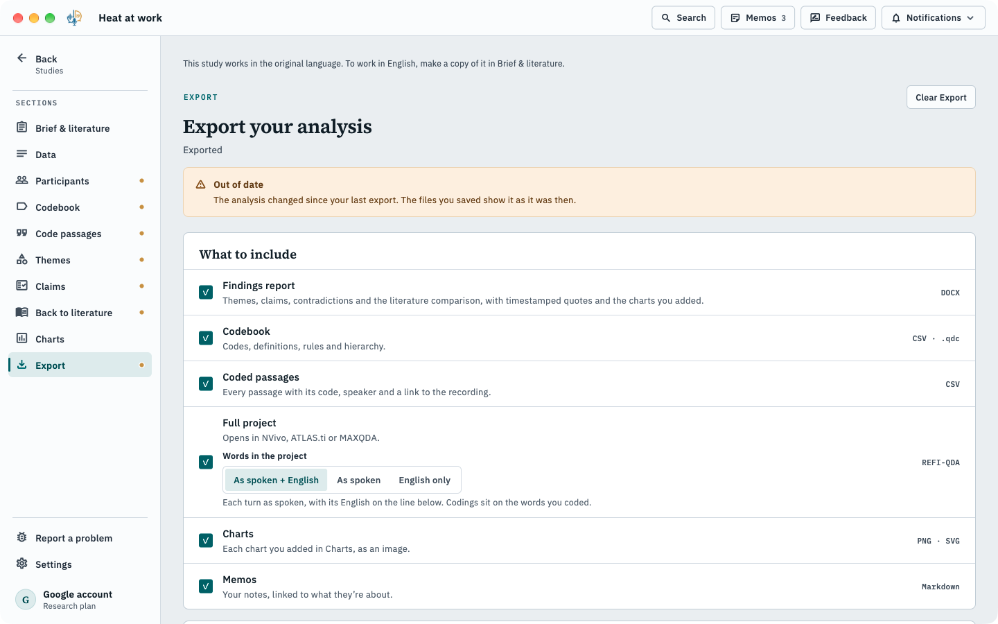 Export: findings report, codebook, coded passages, full REFI-QDA project, charts and memos, each with its format