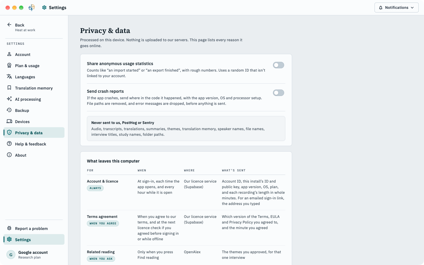 The Privacy & data screen: a table of what leaves the computer, when, where and what is sent