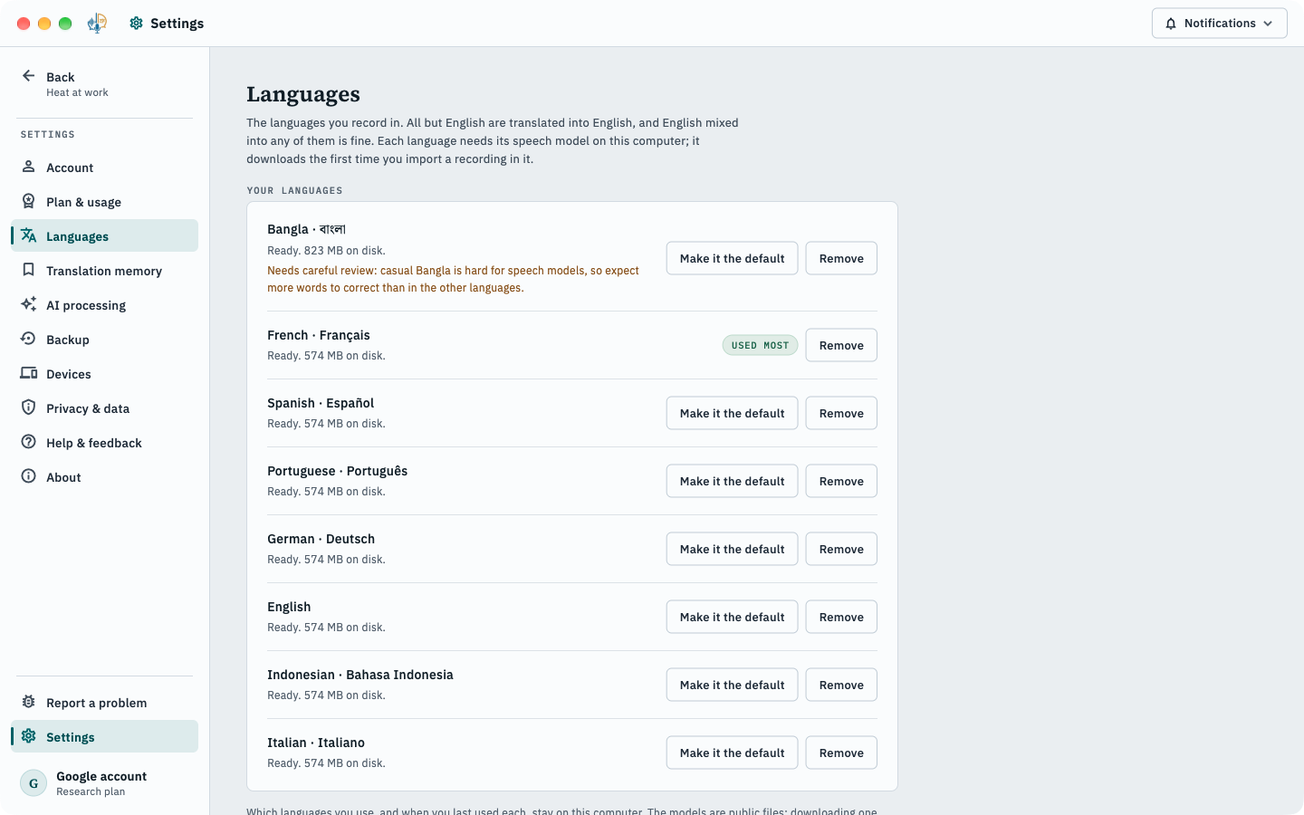 The Languages settings: Bangla, French, Spanish, Portuguese, German, English, Indonesian and Italian, each with its model size on disk